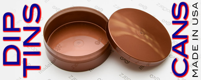 Plastic metallic color dip tobacco cans and tins made in the USA